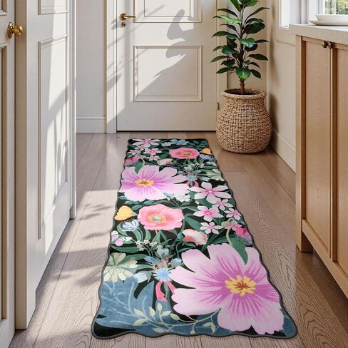 Wonnitar Washable Black 2x6 Runner Rug for Hallways, Floral Bathroom Runner Non Slip, Low Pile Soft Scalloped Botanical Runner Rug for Kitchen Laundry Room Bedside (Black, 2'x6') in Saudi Arabia