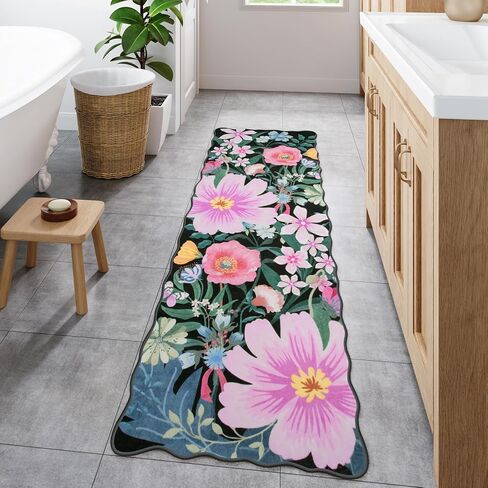 Wonnitar Washable Black 2x6 Runner Rug for Hallways, Floral Bathroom Runner Non Slip, Low Pile Soft Scalloped Botanical Runner Rug for Kitchen Laundry Room Bedside (Black, 2'x6') in Saudi Arabia