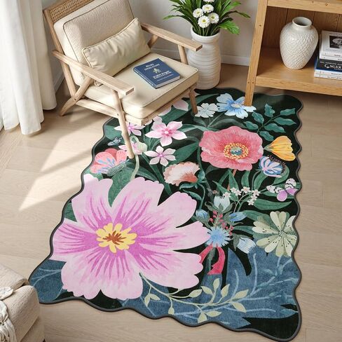 Wonnitar Washable Black 2x6 Runner Rug for Hallways, Floral Bathroom Runner Non Slip, Low Pile Soft Scalloped Botanical Runner Rug for Kitchen Laundry Room Bedside (Black, 2'x6') in Saudi Arabia