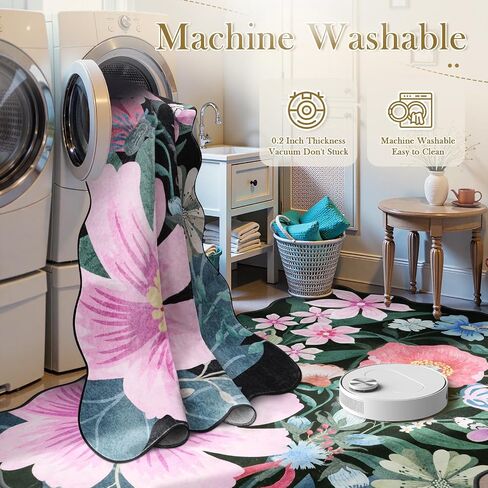 Wonnitar Washable Black 2x6 Runner Rug for Hallways, Floral Bathroom Runner Non Slip, Low Pile Soft Scalloped Botanical Runner Rug for Kitchen Laundry Room Bedside (Black, 2'x6') in Saudi Arabia
