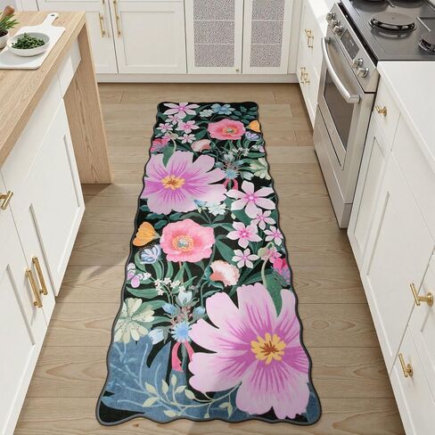 Wonnitar Washable Black 2x6 Runner Rug for Hallways, Floral Bathroom Runner Non Slip, Low Pile Soft Scalloped Botanical Runner Rug for Kitchen Laundry Room Bedside (Black, 2'x6') in Saudi Arabia