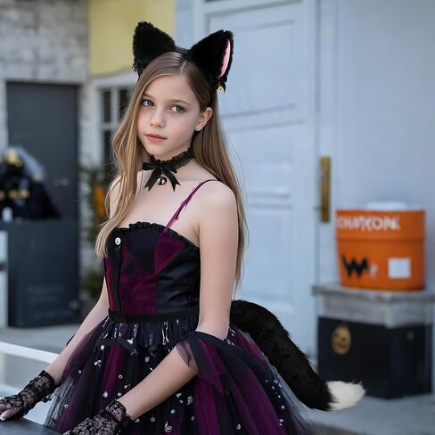 آذان القطط وذيل ، ذئب فوكس ذيل طويل وطوق الجرس الجلدي في عيد الهالوين ، زي طرف Cosplay Animal in Kuwait