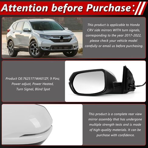 Left Driver Side Door Mirror Assembly Replace for 2017-2022 Honda CRV, with Power Glass Adjustment, Heated Mirror Glass, Turn Signal, Blind Spot Detection, 9 Pins, OE Part: 76251T1WA01ZF in Saudi Arabia