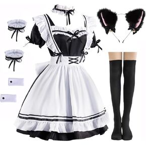 Classic Anime French Maid Costume Apron Fancy Dress Cosplay Outfit Headwear Gloves Socks Set