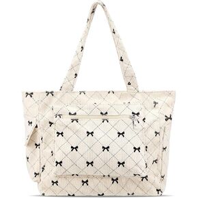Corduroy Tote Bag for Women Large Black Bow Shoulder Bag with Pockets and Zipper Bow Purse for Work Travel