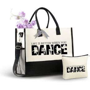 InnoBeta Dancer Gifts Canvas Tote Bag, Life Is Better When You Dance Bag with Top Zipper Closure and Shoulder Strap for Birthday, Mother's Day, Christmas