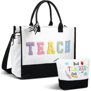 Abbylike Teacher Canvas Totes Bags Makeup Cosmetic Pouch Teacher Appreciation Gifts for Women Large Chenille Letter Bags for school