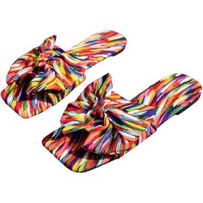 GORGLITTER Women's Bow Sandals Graphic Print Open Square Toe Summer Slide Flat Sandals in Saudi Arabia
