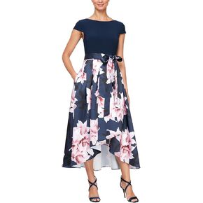 S.L. Fashions Women's Floral High-Low Gown with Pockets and Stretch Bodice, Wedding Guest Dress (Petite and Regular Sizes)