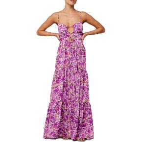 نساء Y2K Cami Long Long Dressless Spaghetti Strap Cross Tie-Up Front Ploral Print Bust