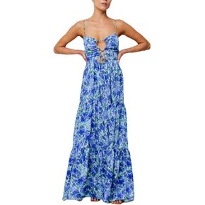 Women's Y2K Cami Long Dress Sleeveless Spaghetti Strap Cross Tie-up Front Floral Print Beach Dress in Kuwait