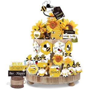 24 Pcs Bee Tiered Tray Decor, Spring Summer Farmhouse Tiered Tray Decorations, Decorative Bee Gnome Hive Honey Truck Wooden Signs, Rustic Home Decor for Table Office Holiday Party