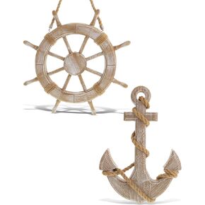 CoTa Global Baja Beach Wall Decor Anchor and Ship Wheel Set - Handmade and Crafted Wooden Anchor and Wheel with Ropes for Hanging, Nautical Themed Home Decor, Boat Steering Decorative Coastal Ornament