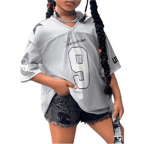 Girl's Oversized T Shirts Letter Number Mesh Jersey Tops Short Sleeve V Neck Drop Shoulder Tees