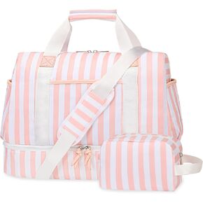 Stripe Weekender Overnight Bags for Women - 2Pcs Carry On Travel Duffle Bag with Shoe Compartment