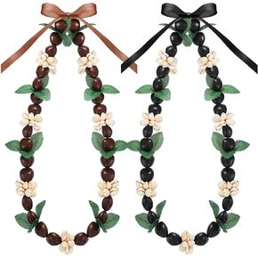 junkin 2 pcs Hawaiian Leis Kukui Nut Necklace 2025 Graduation Leis Hawaiian Chunky Netclace for Men Women Come ، Brown and Black ، 32 Int