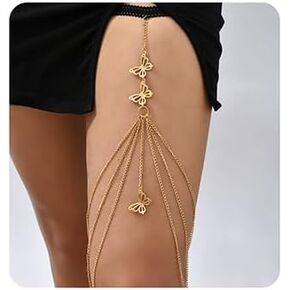 Jumwrit Boho Butterfly Thigh Chain Elastic Layered Leg Chain Golden Tassel Thigh Chain Rave Body Chain Accessories for Women (Gold 2)