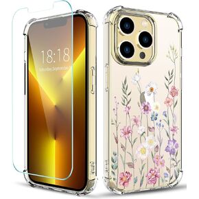 Flower Pattern Designed for iPhone 13 Pro Max Case[with Screen Protector], Floral Clear Women Phone Case Shockproof Protective Soft TPU Bumper Cover 6.7 Inch 2021 (Butterfly/Blue)
