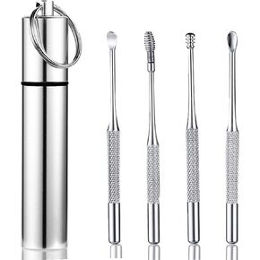 Ear Wax Removal kit, 4 Pcs Stainless Metal Earwax Removal Tool for Adults with Ear Spoon & Spiral Spring, Ear Cleaning Reusable