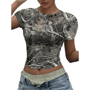 Women's Y2k Camo Maple Leaf Print Crop T Shirts Crew Neck Short Sleeve Slim Fit Tops Grunge Going Out