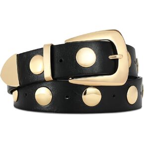 Women Black Belt with Gold Buckle Fashion Leather Belt Women Punk Waist Belt Studded Belt for Jeans Dress