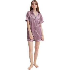 2 Piece Silk Satin Pajamas Sets for Women, Soft Comfy Short Sleeve Button Down Pjs Sets Sleepwear