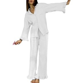 Womens Muslin Pajama Set Cotton Gauze Loungewear 3 Piece Long Sleeve Button Down Sleepwear Ruffle Pj Set