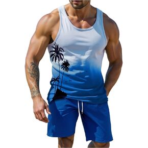 Men's 2 Piece Summer Outfits Tropical Sleeveless Tank Top and Shorts Set Vacation Beach Outfits