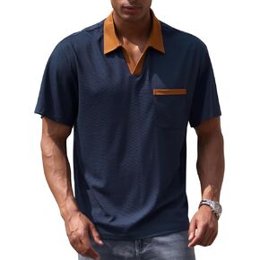 OLEMEK Men's Casual Polo Shirts Short Sleeve V Neck Waffle Knit Shirt Summer Loose Fit Ribbed Textured Shirt with Pocket