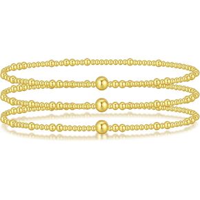 Gold Beaded Bracelet Stack Non Tarnish Stackable Stretch Gold Ball Bead Bracelet Set Stacked Stretchy Waterproof Jewelry