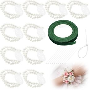 simarro 10PCS Corsage Wristlet Band Elastic Pearl Bracelets Bands, for Wedding Party Prom Wrist DIY Handmade Corsage Supplies Accessories for Bride Bridesmaid Hand Flower (White)