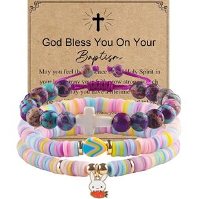 YUZHEJIE Cross Bracelet Easter Basket Stuffers Baptism Gifts Imperial Jasper Bracelet and Clay Bunny Bracelets First Communion Confirmation Christian Gifts for Gir Granddaughter Daughter Niece