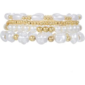 Gold Beaded Bracelets for Women - 14K Gold Plated Bracelets Gold Stretch Bead Ball Bracelet stack Set Adjustable Bracelet Set Jewelry for Gifts