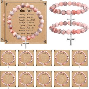 12 Sets Cross Beaded Bracelet for Church Women Religious Christian Gifts with Bibler Verse Cards Natural Stone Catholic Bracelet Elastic Rope Jewelry Faith Gift for Daughter Mom Wife