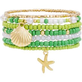 Shell Bracelet Boho Beaded Stretch Bracelets for Women Seashell Summer Beach Bracelets Starfish Charm Bracelet Stackable Gold Pearl Beads Bracelets for Women Jewelry Accessories Gifts