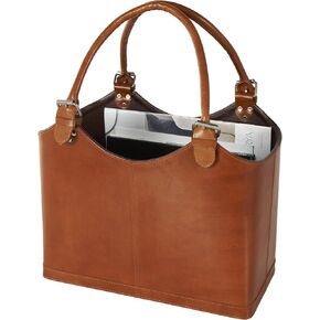 Deco 79 Leather Handmade Decorative Magazine Holder Box Style Single Slot Magazine Rack with Detail Stitching and Curved Buckle Handles, File Holder 16" x 11" x 20", Brown