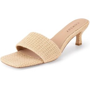 Raffia Mule Sandals for Women Square Toe Slip On Kitten Heels Woven Heeled Slides for Summer Dress and Vacation