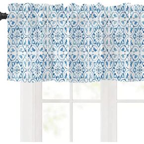 LeLehome 18" L X 54" W Bohemian Curtain Valance, Moroccan Style Window Treatment Spring Linen Rod Pocket for Kitchen Bedroom Festival Holiday Home Decor China Blue