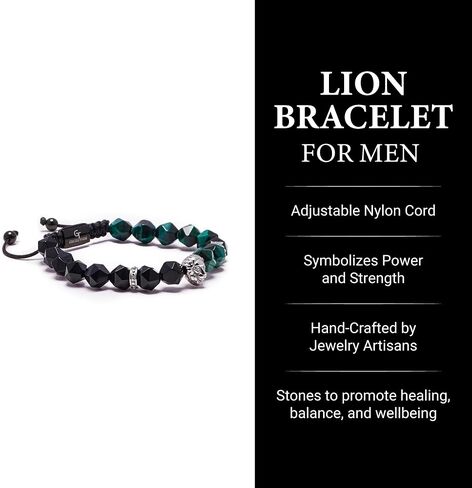 Lion King Beaded Bracelets for Men - Natural Stone Bracelets - Mens Bracelet with Stainless Steel Lion Head, Adjustable Cord, & Powerful Gemstones in Kuwait