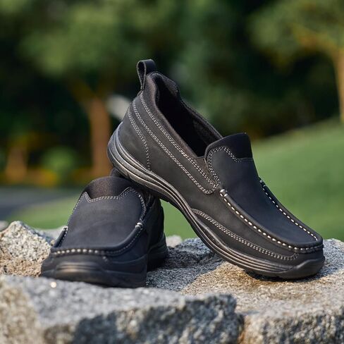 Mens Slip On Loafers Casual Hands Free Slip in Shoes Step in Walking Leather Shoes for Men with Breathable Comfort in Kuwait