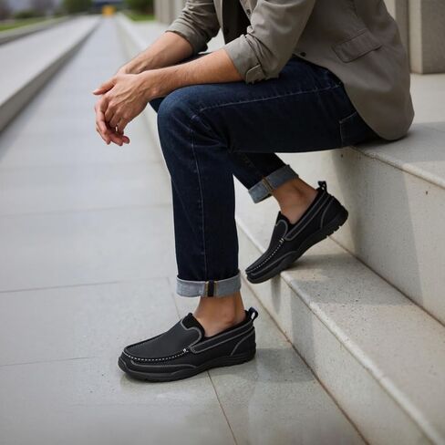 Mens Slip On Loafers Casual Hands Free Slip in Shoes Step in Walking Leather Shoes for Men with Breathable Comfort in Kuwait