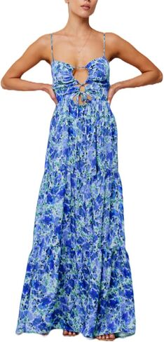 Women's Y2K Cami Long Dress Sleeveless Spaghetti Strap Cross Tie-up Front Floral Print Beach Dress in Kuwait