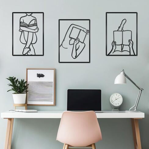 Zzbakress 3 Pcs Female Book Wall Art Black Metal Wall Decor Large Reading Room Decor Minimalist Line Wall Art Black Abstract Wall Art for Reading Room Living Room Bedroom (Elegant) in Saudi Arabia