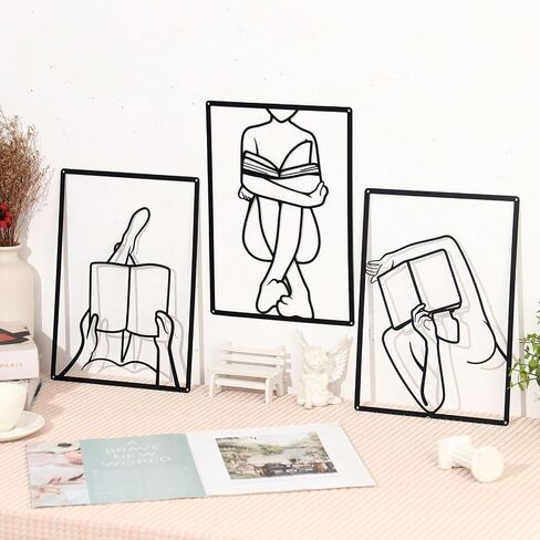 Zzbakress 3 Pcs Female Book Wall Art Black Metal Wall Decor Large Reading Room Decor Minimalist Line Wall Art Black Abstract Wall Art for Reading Room Living Room Bedroom (Elegant) in Saudi Arabia