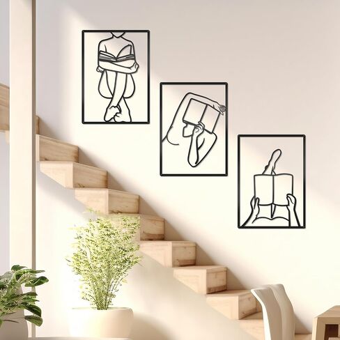 Zzbakress 3 Pcs Female Book Wall Art Black Metal Wall Decor Large Reading Room Decor Minimalist Line Wall Art Black Abstract Wall Art for Reading Room Living Room Bedroom (Elegant) in Saudi Arabia