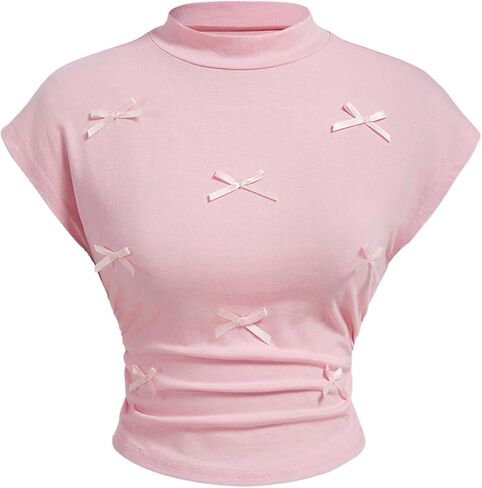 Verdusa Girl's Coquette Mock Neck Bow Tops Short Sleeve Ruched Fitted Summer Teen Girl T Shirt in Saudi Arabia