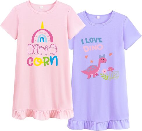 2Pcs Girls Nightgowns 3-10 Years Flutter Short Sleeves Nightdress Nightie Dress Sleepwear Pajamas for Toddler Girls in Kuwait