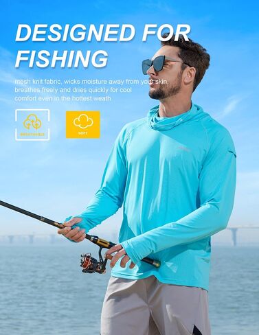 Men's Sun Protection Fishing Shirts UPF 50+ Lightweight Hoodie Long Sleeve UV SPF Hooded Shirts with Mask Rash Guard in Saudi Arabia
