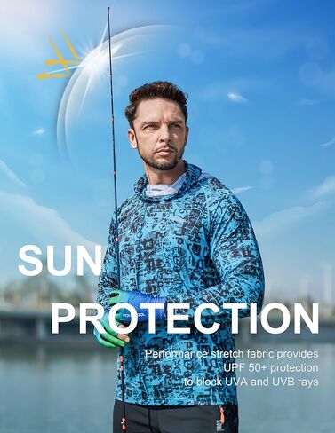 Men's Sun Protection Fishing Shirts UPF 50+ Lightweight Hoodie Long Sleeve UV SPF Hooded Shirts with Mask Rash Guard in Kuwait