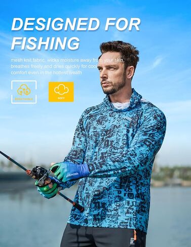 Men's Sun Protection Fishing Shirts UPF 50+ Lightweight Hoodie Long Sleeve UV SPF Hooded Shirts with Mask Rash Guard in Kuwait